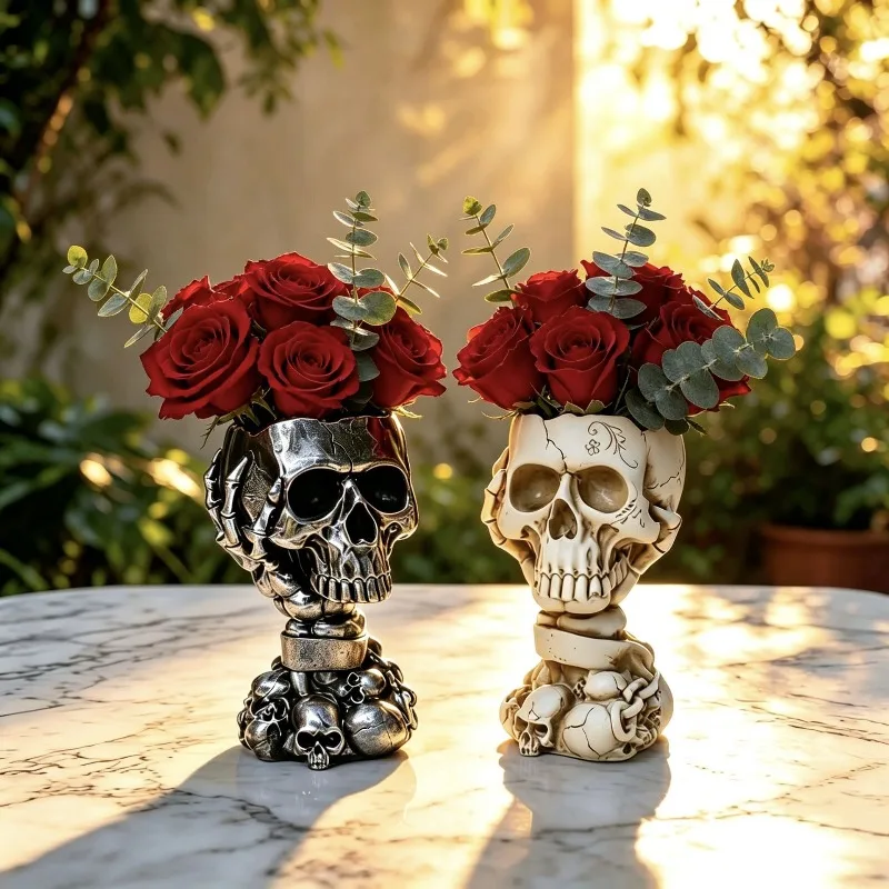 Creative Resin Skull Flowerpot Hollow Skull Storage Decoration, Punk Style Mechanical Silver Black Skull Shaped Vase Home Decor