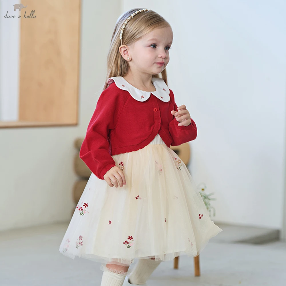Dave Bella Girls Long Sleeves Party Princess Dress Autumn Winter Lace Mesh Dress Children's Christmas Birthday Clothes DB1250920