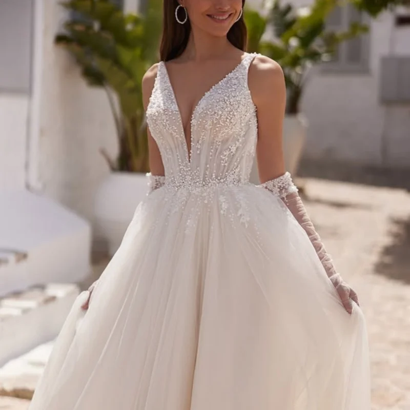 Shiny ivory white flower Appliques V-neck Wedding Dresses Sequin decal Lace off-shoulder Bridal Gowns Made Customized