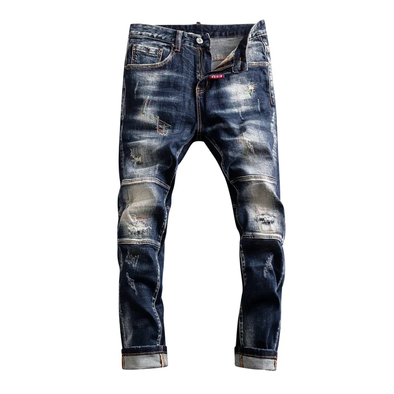 Street Fashion Men Jeans Retro Black Blue Stretch Spliced Slim Ripped Jeans Men Embroidery Designer Hip Hop Vintage Denim Pants