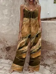 Marble Print Spaghetti Strap Jumpsuit, Vacation Style Sleeveless Dual Pockets Wide Leg Jumpsuit For Spring & Summer, Women's Clo