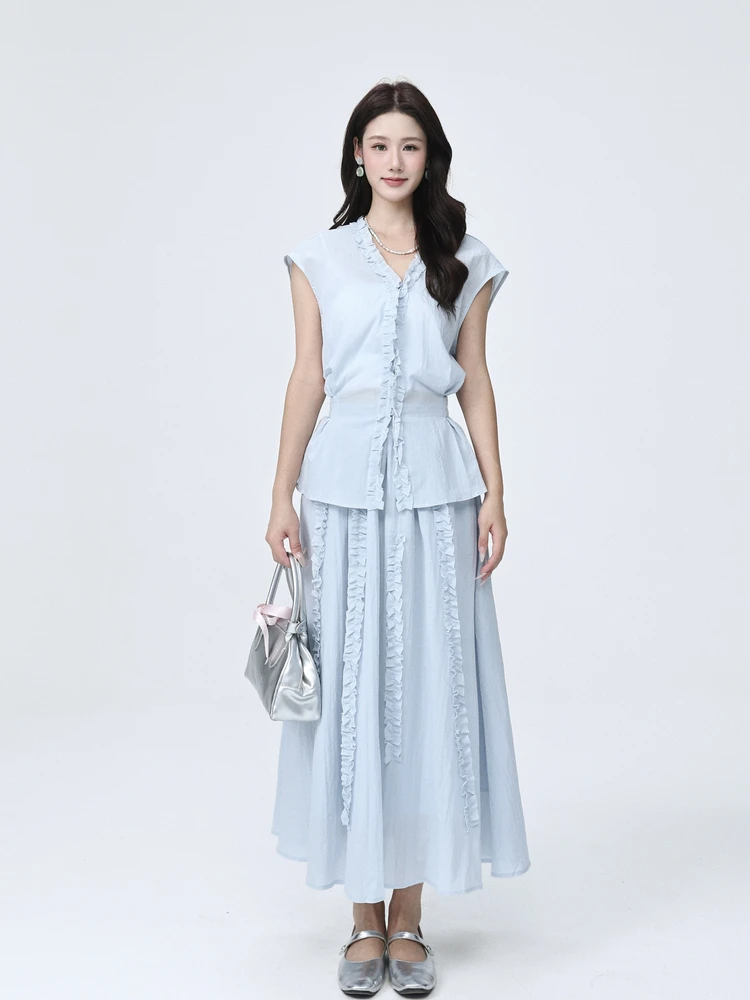 

Ele Cotton Linen ter Skirt Top Set Spring Summer V Ne Svel Gored Skirt Adult Faion Ensemble