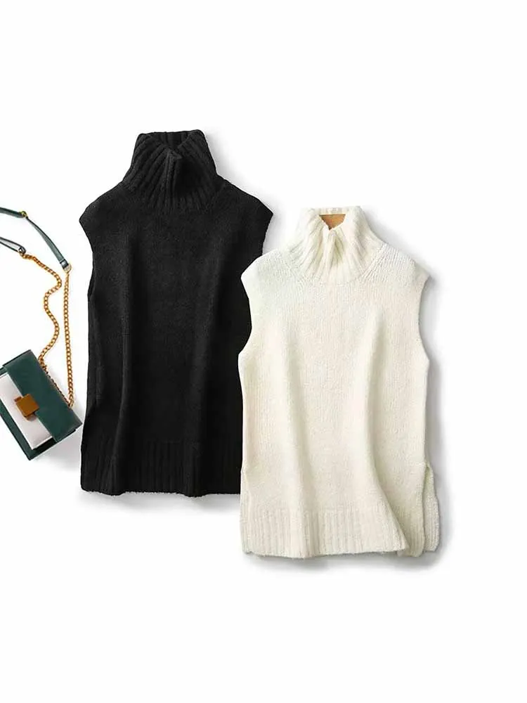 

Женский трикотажный жилет без рукавов, повседневный винтажный жилет с высоким воротником и разрезом сбоку
