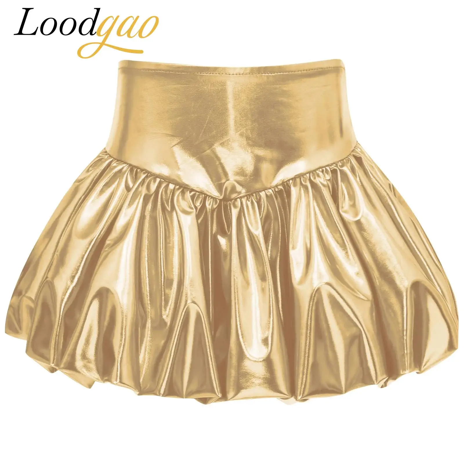 

Kids Shiny Metallic Bud Skirts Jazz Dance Costume Mini Skirts for Teens Bubble Skirt Party Stage Performance Girls Disco Outfits