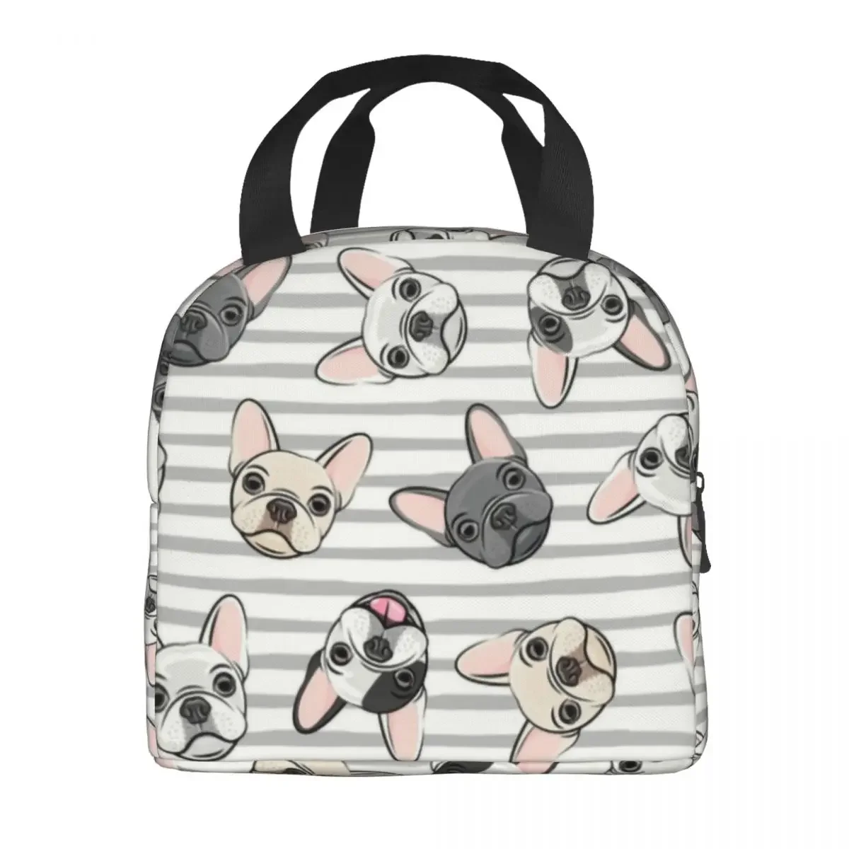 Cute French Bulldogs Stripes Lunch Bag Women Thermal Cooler Insulated Lunch Box for Kids School Children