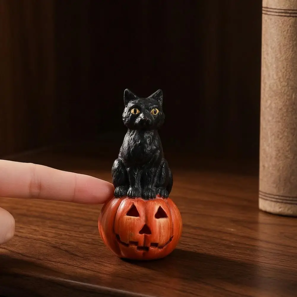 Halloween Resin Ornament Black Cat Pumpkin Figurine Halloween Decor Mini Resin Desktop Ornament Cute Office Home Shelf Sitter