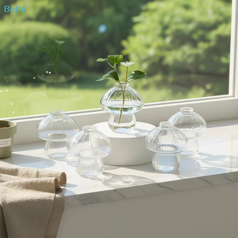 〔M〕Cute Mushroom-Shaped Plastic Vase Clear Mini Ribbed Planter For Hydroponics, Small Flowers & Desk Decor