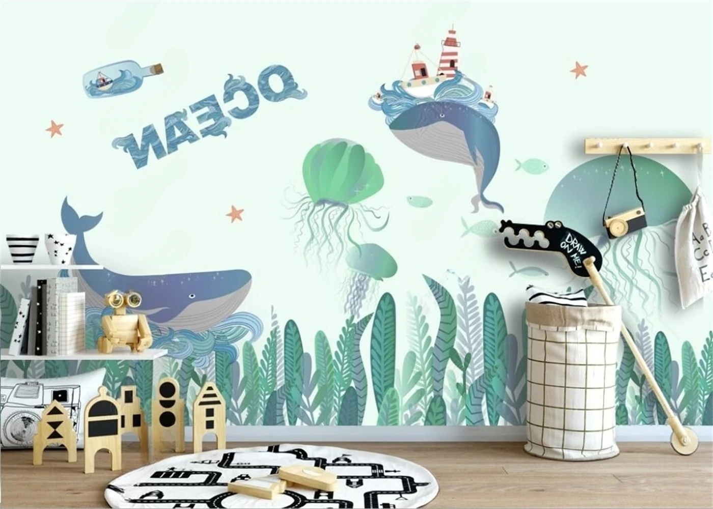 

Custom size mural painted sea whale jellyfish illustration background wall decorative painting for children's room 3d wallpaper