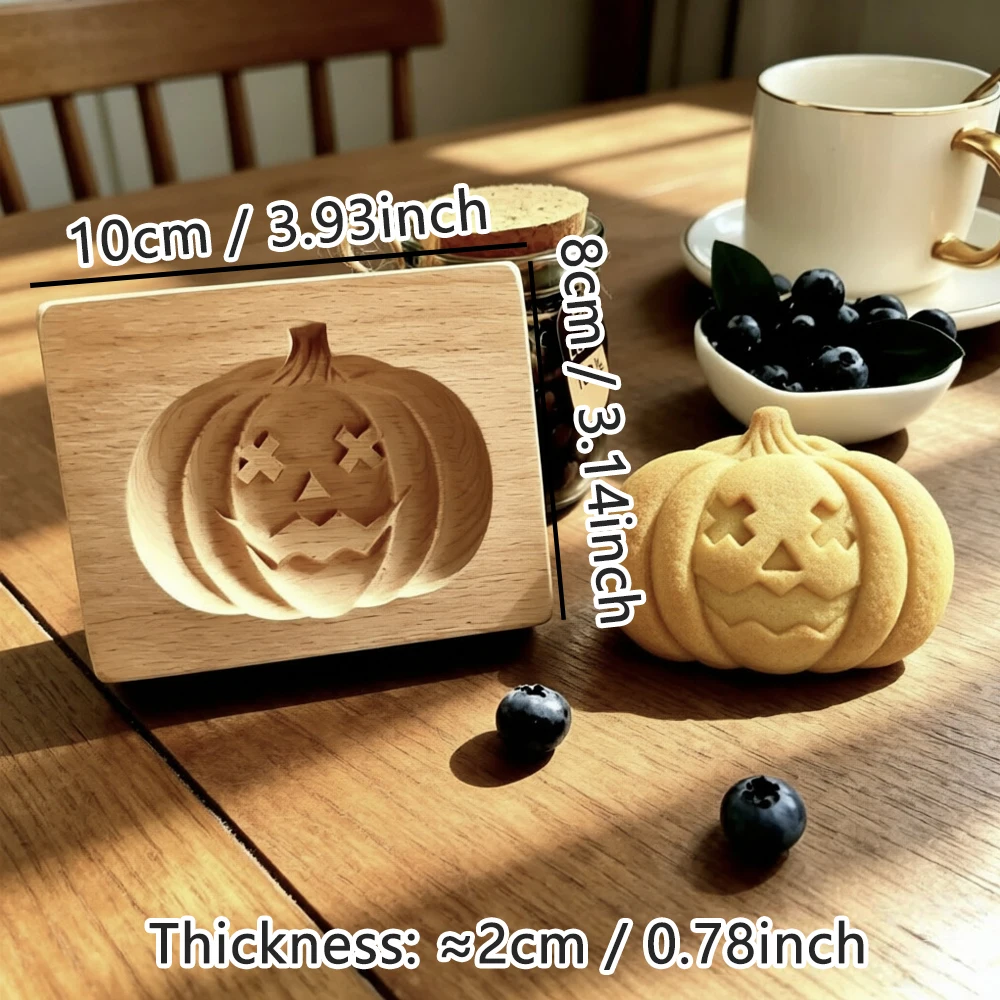 Holz-Kekspresse zum Backen, 3D-geschnitzter Lebkuchenstempel aus Buchenholz, Halloween-Kürbis-Geist-Prägeform für Kekse – Detail 7