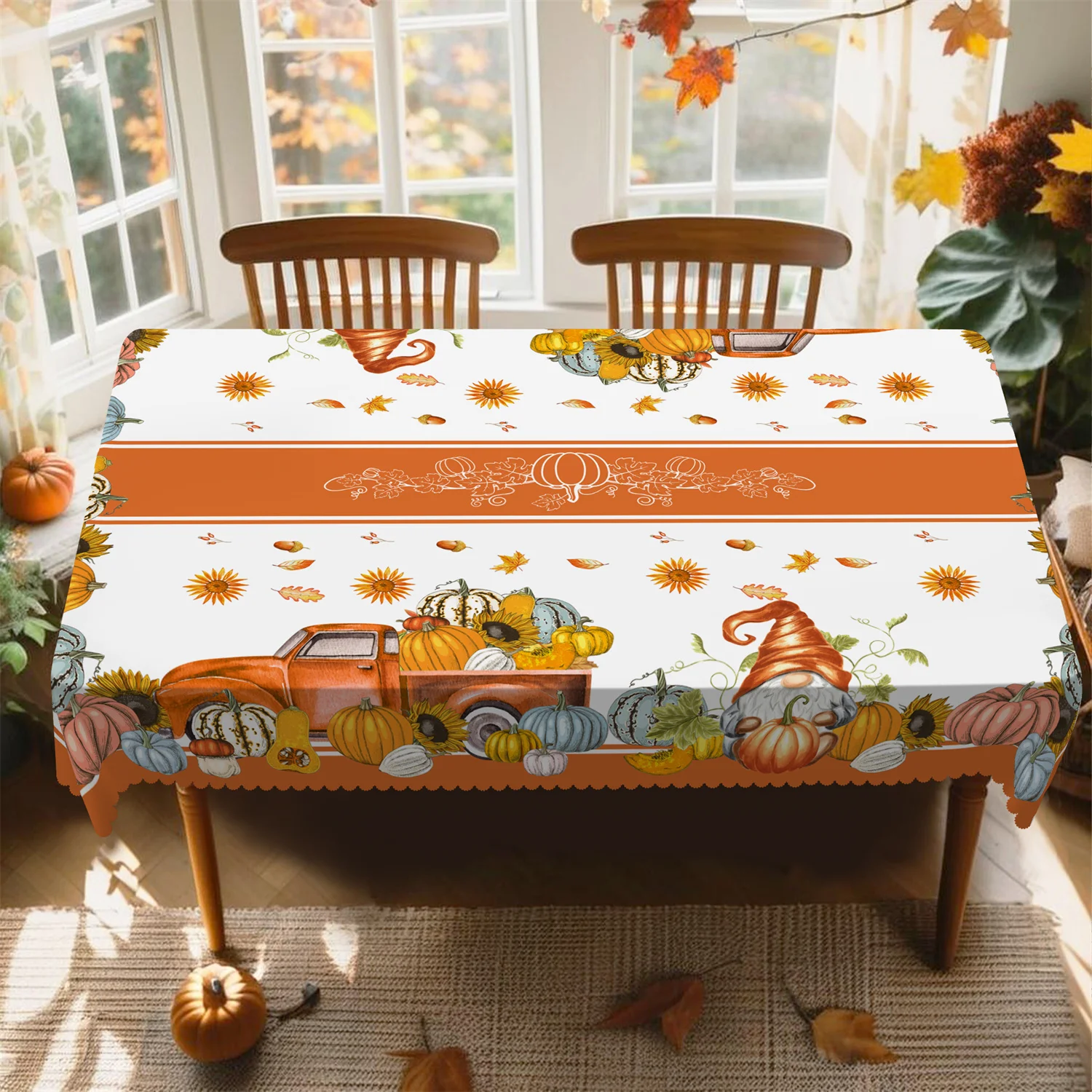 Brown frame pumpkin flower truck dwarf tablecloth - washable farmhouse style autumn harvest decoration,kdj