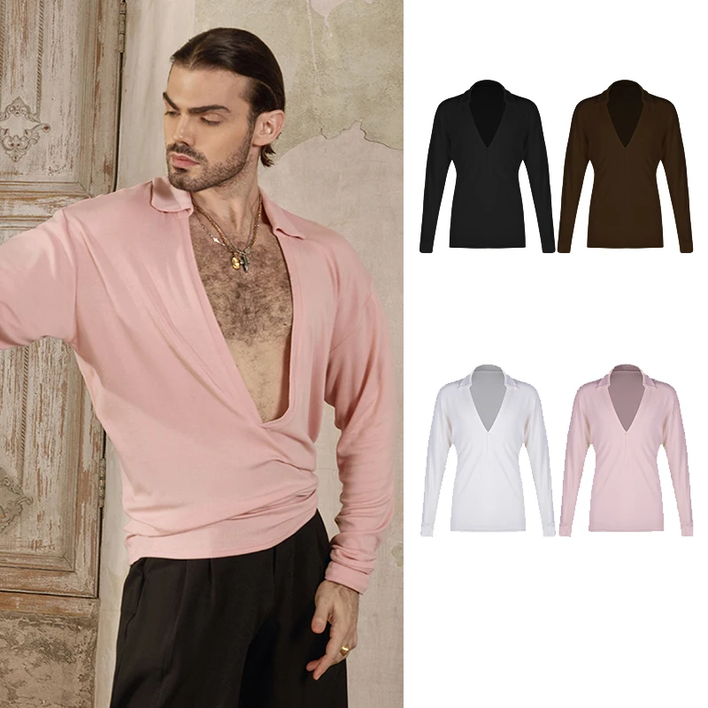 ZYM Deep V Neck Latin Dance Tops Men Long Sleeves Practice Clothing Adult Male Rumba Ballroom Dance Performance Clothes DNV21779