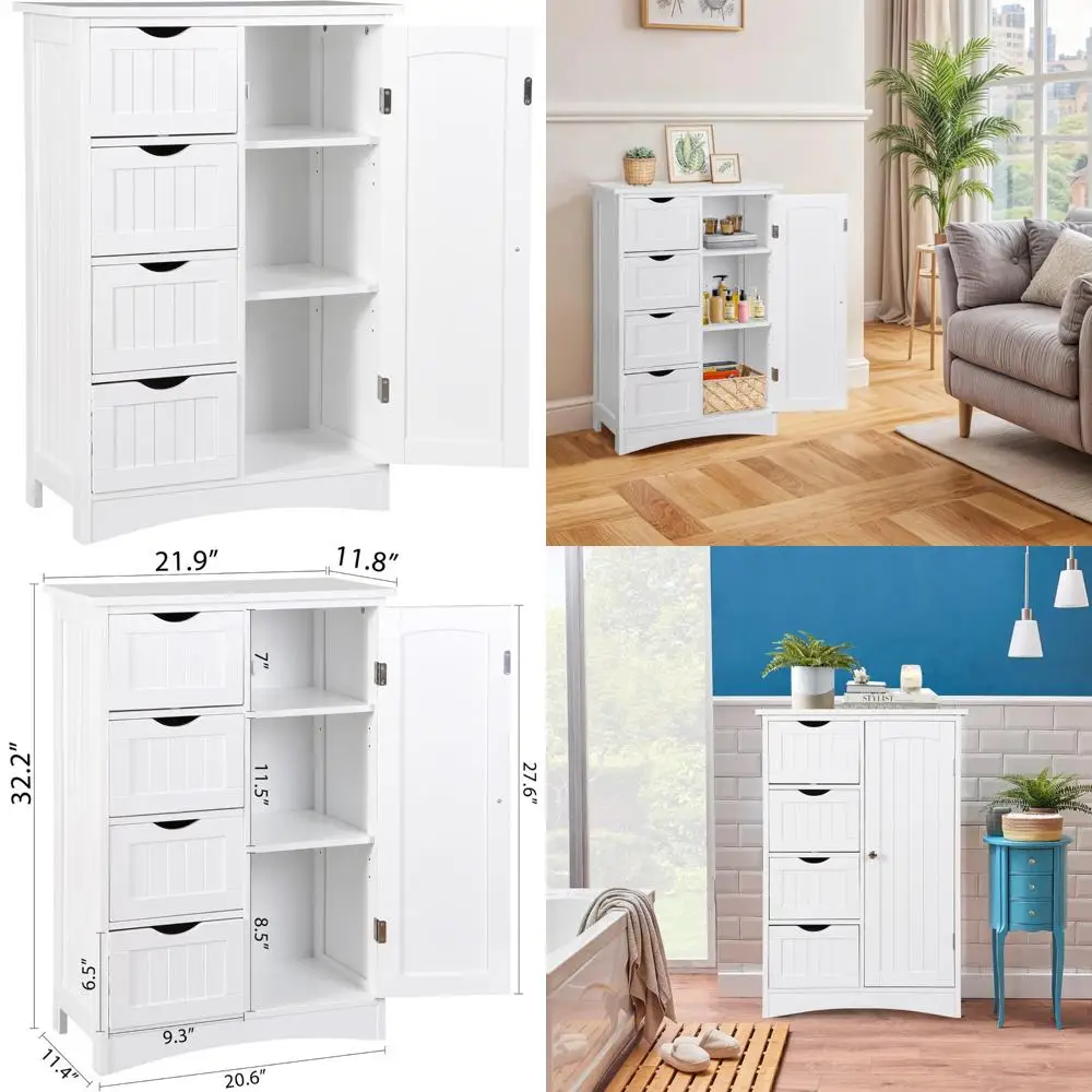 4-drawer freestanding wooden cabinet for bathroom storage with door