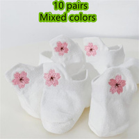 Embroidered Breathable Mesh White Socks Female Cute Crown Love Bee Sakura Bowknot Short Socks 1-10 Pairs