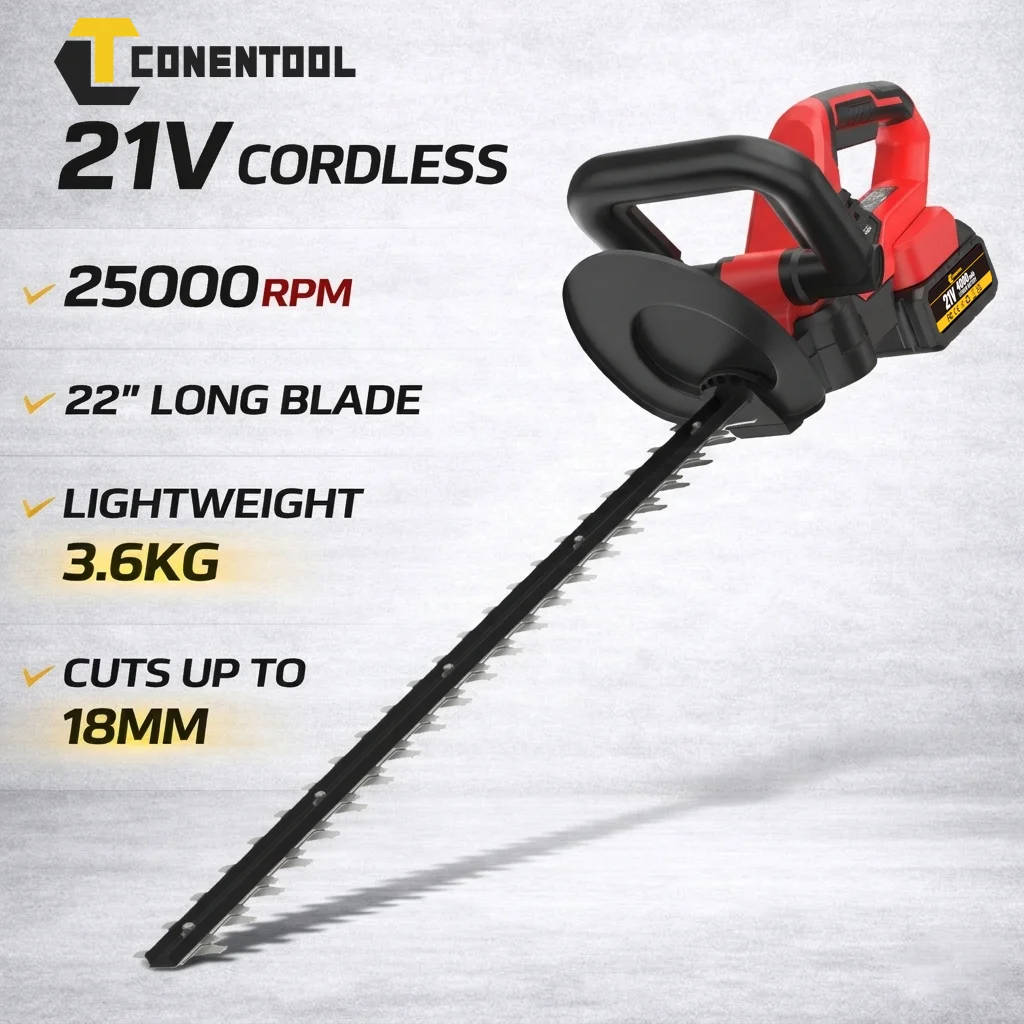 Cortasetos Eléctrico Conentool de 1800W, 25000 RPM, 22 Pulgadas, Herramienta de Jardinería y Paisajismo, Compatible con Batería Makita de 21V