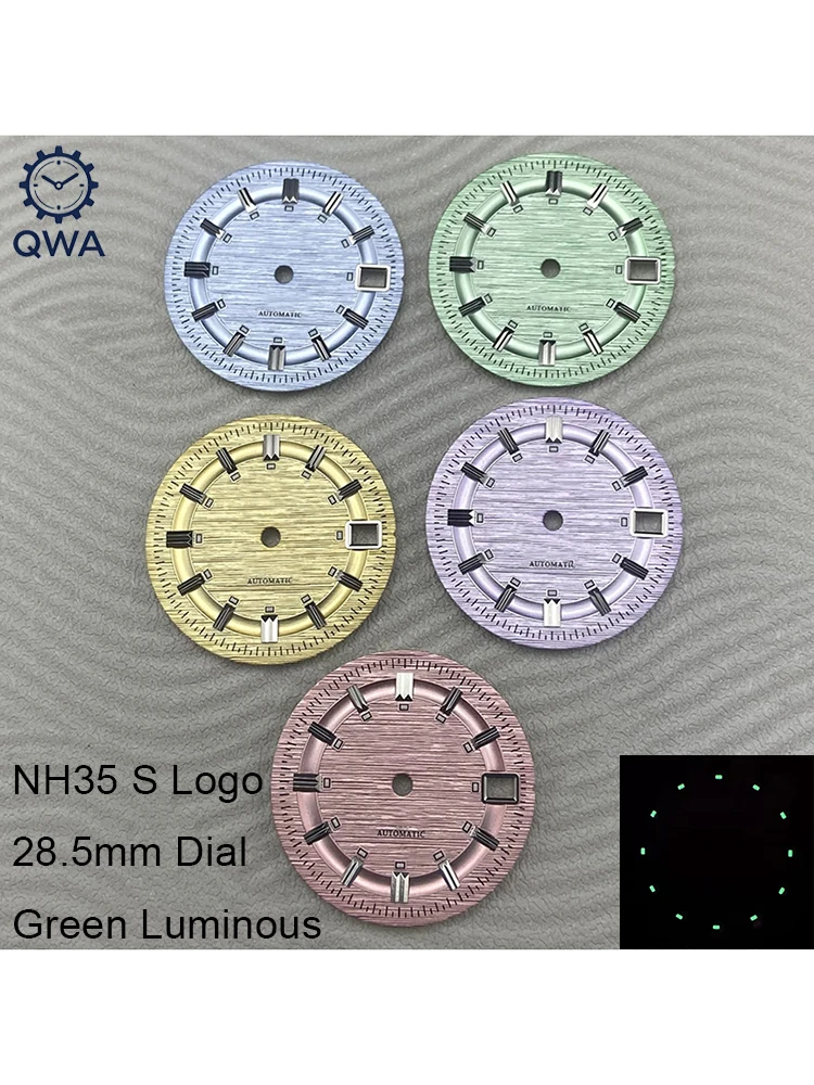 

Циферблат QWA 28,5 мм NH35 S с двойной полоской, конфетного зеленого цвета, светящийся, для модификации автоматических часов NH35, аксессуары