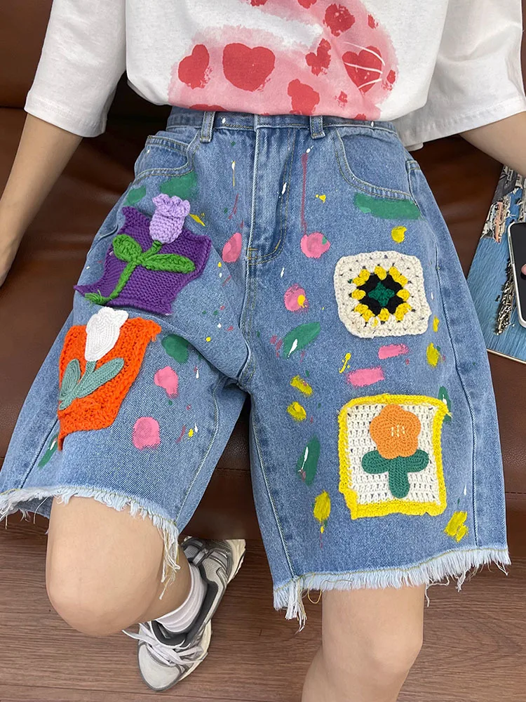 

Knitted Floral Denim Short Pants Female Summer New Loose Casual Pants Tassel Design Vintage Fashion Short Para Mujeres