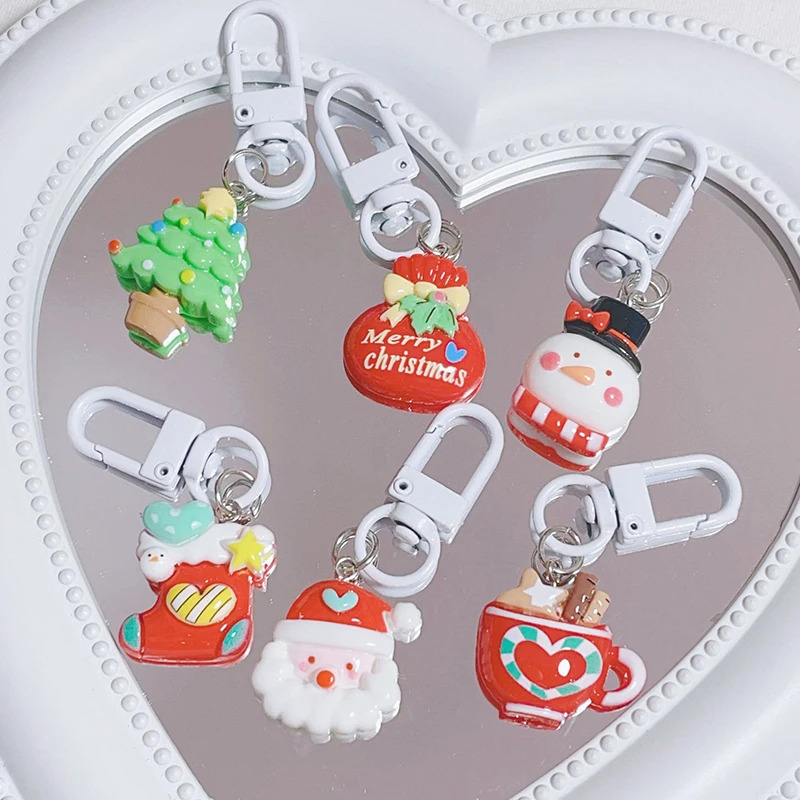 Lovely Christmas Dessert Keychain Resin Santa Claus Charm Kawaii Snowman Keyring For Women Girls Kids Car Bag Pendant