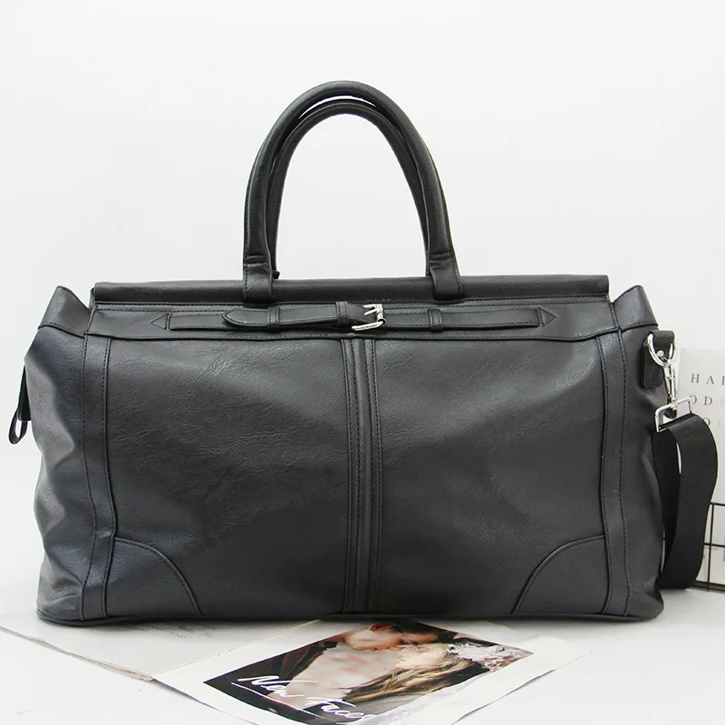 Black Faux Leather Travel Duffle Bag Large Capacity Weekend Overnight Handbag Business Casual Luggage Bag with Detachable Strap