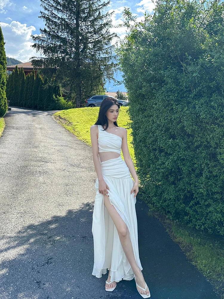 French style Romantic Red White Long Dress High-End Feel Waist-Length Sleeveless Vacation Gown Bohemian Dress