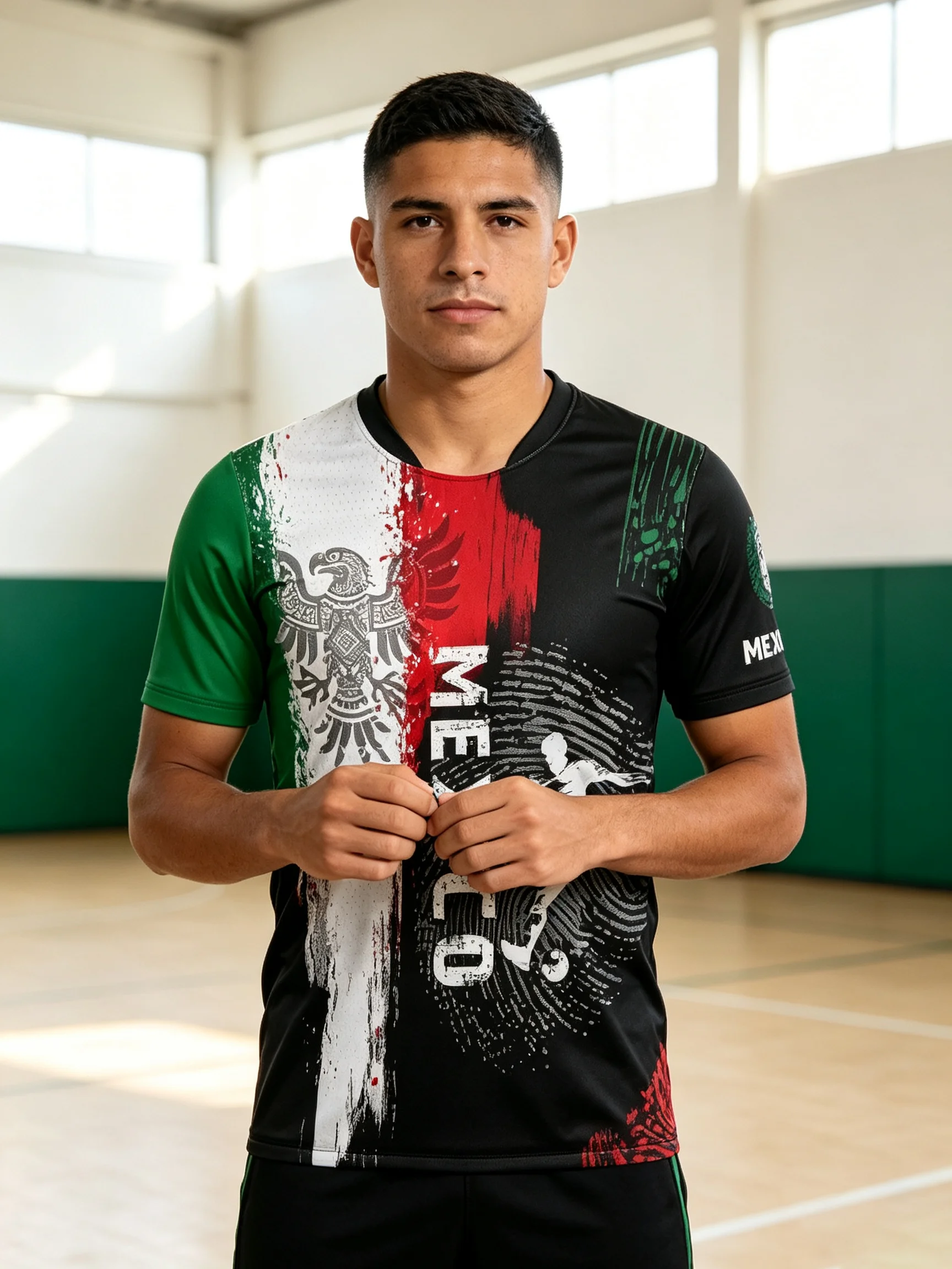 Mexico themed football jersey, dynamic player graphic, lightweight sweat‑wicking fabric, flexible, various collars available