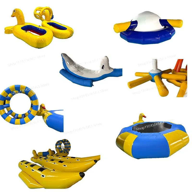 Inflatable Water Park Play Set with Slide, Seesaw, Banana Boat, Spinner, Pool & Bouncy Castle for Kids Outdoor Summer Fun