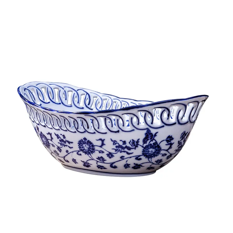 Chinese Style Blue and White Ceramic Fruit Plate Ingot Shaped Dinner Refreshment Tray Snack Salad Bowl Dish