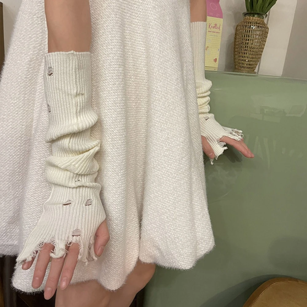 Arm Cover Elastic Subculture Gloves Punk Wrist Cuffs Y2K Fingerless Oversleeve Colorful Hollow out Ripped Knitted Sleeves Gothic