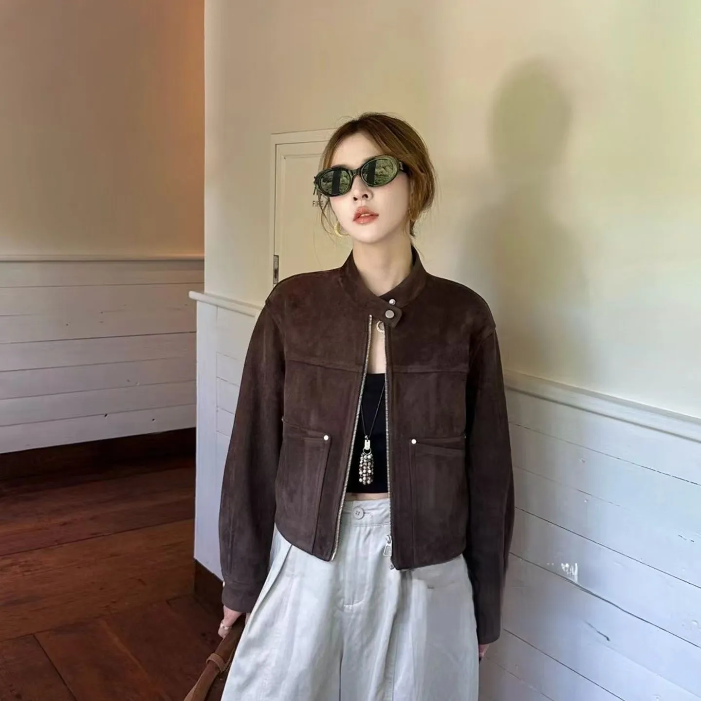 

Bomber Jackets Womens Jacket Fleece Autumn Satin Shiny Button-Embellished Stand-Collar Fashion Socialite Party Glamour Glitter