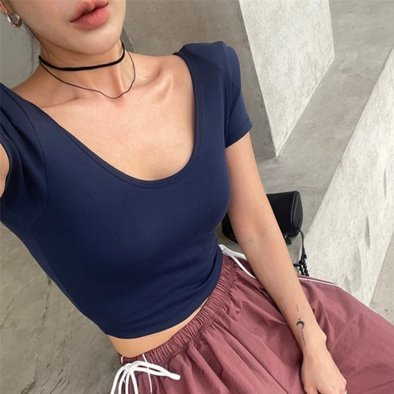 Korean Women 2026 Summer Sports Casual Crop Top Double U-Neck Short Sleeve Shoulder Pad T-shirt Solid Slim Simple Versatile Tees
