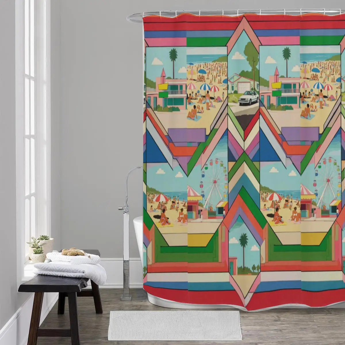 Vibrant Beach Carnival Shower Curtain Waterproof Bathroom Shower Curtain Tropical Fun Summer Resort Style