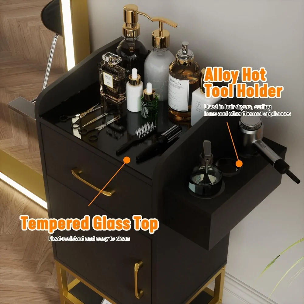 محطة مصفف شعر دوارة سوداء مع سطح زجاجي وخزانة تخزين قابلة للقفل لصالونات التجميل #3