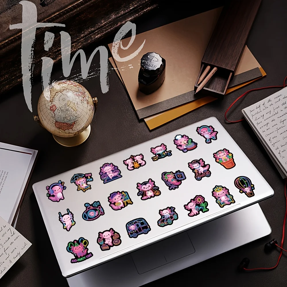 50 Stück Coole Neon-Axolotl-Aufkleber Bunte Axolotl-Cartoon-Doodles zur Dekoration von Laptops, Handyhüllen, Wasserflaschen und Partyzubehör – Detail 5