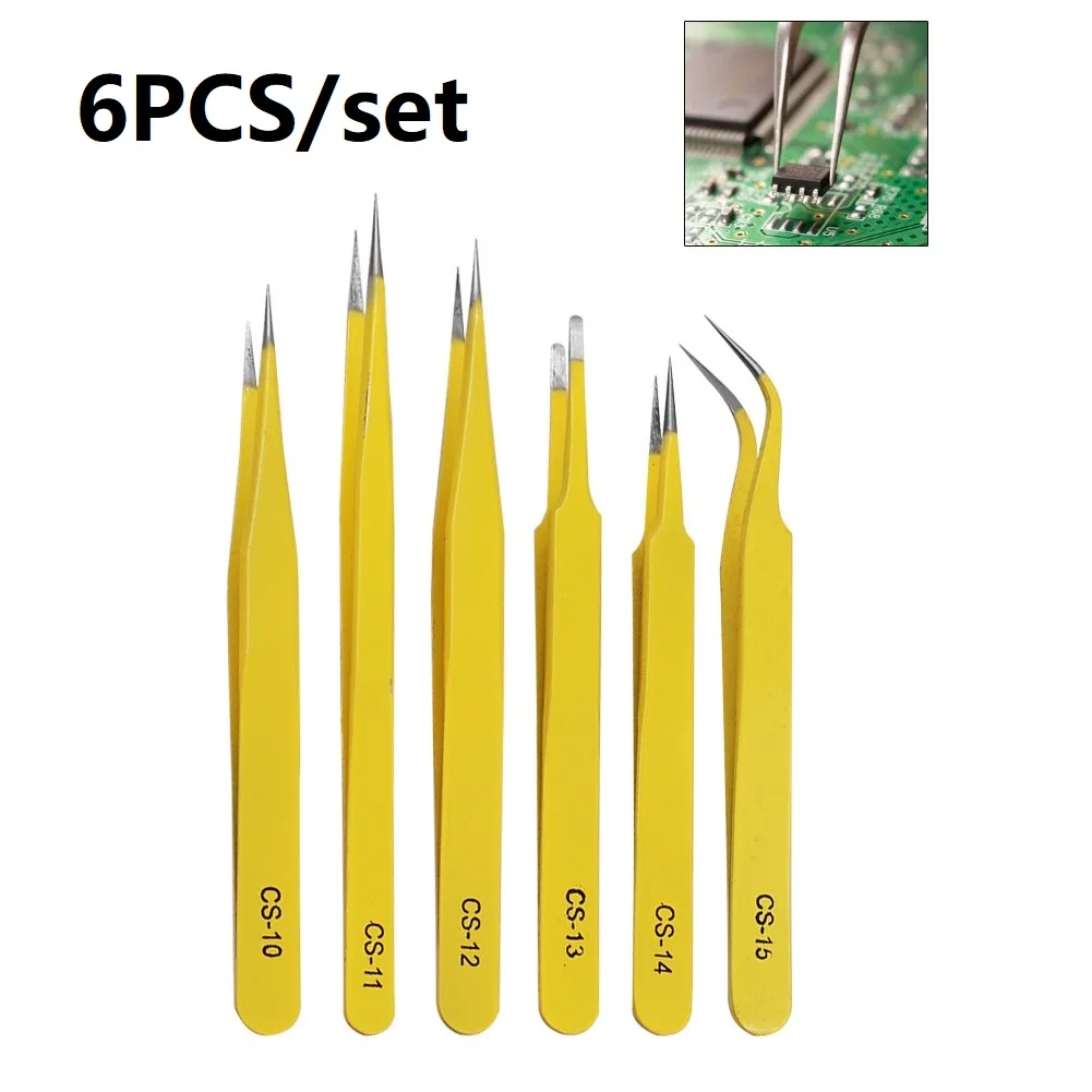 Forceps Tweezer Straight Tip Anti-magnetic Anti-static Tweezers CS-10/11/12/13/14/15 Curved Industrial Tweezers Hand Tool Yellow