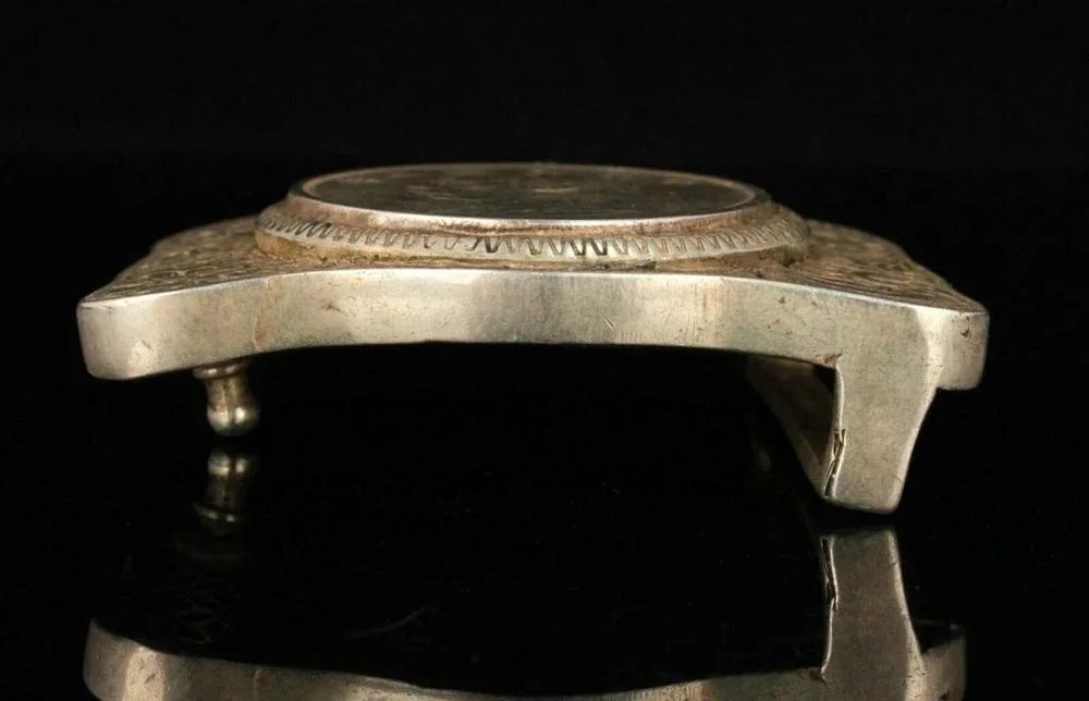 Chinese Old Handmade Hollow Out Inlay“Yuan big head”Tibetan Silver Belt Buckle