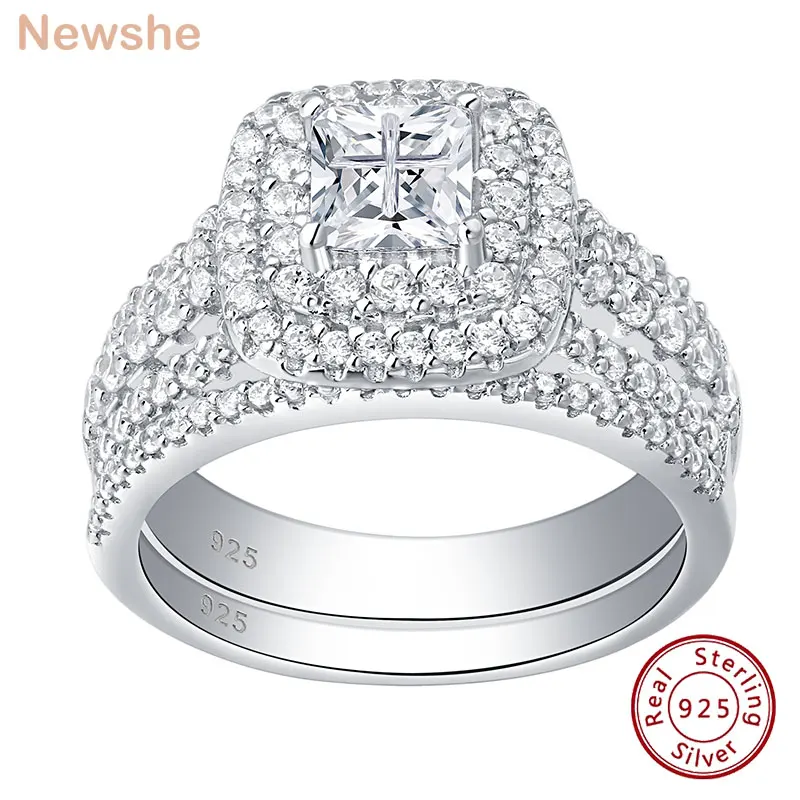 

Newshe Luxury 925 Sterling Silver Halo Wedding Ring Set for Women Elegant Jewelry Princess Cross Cut Simulated Diamond Rings