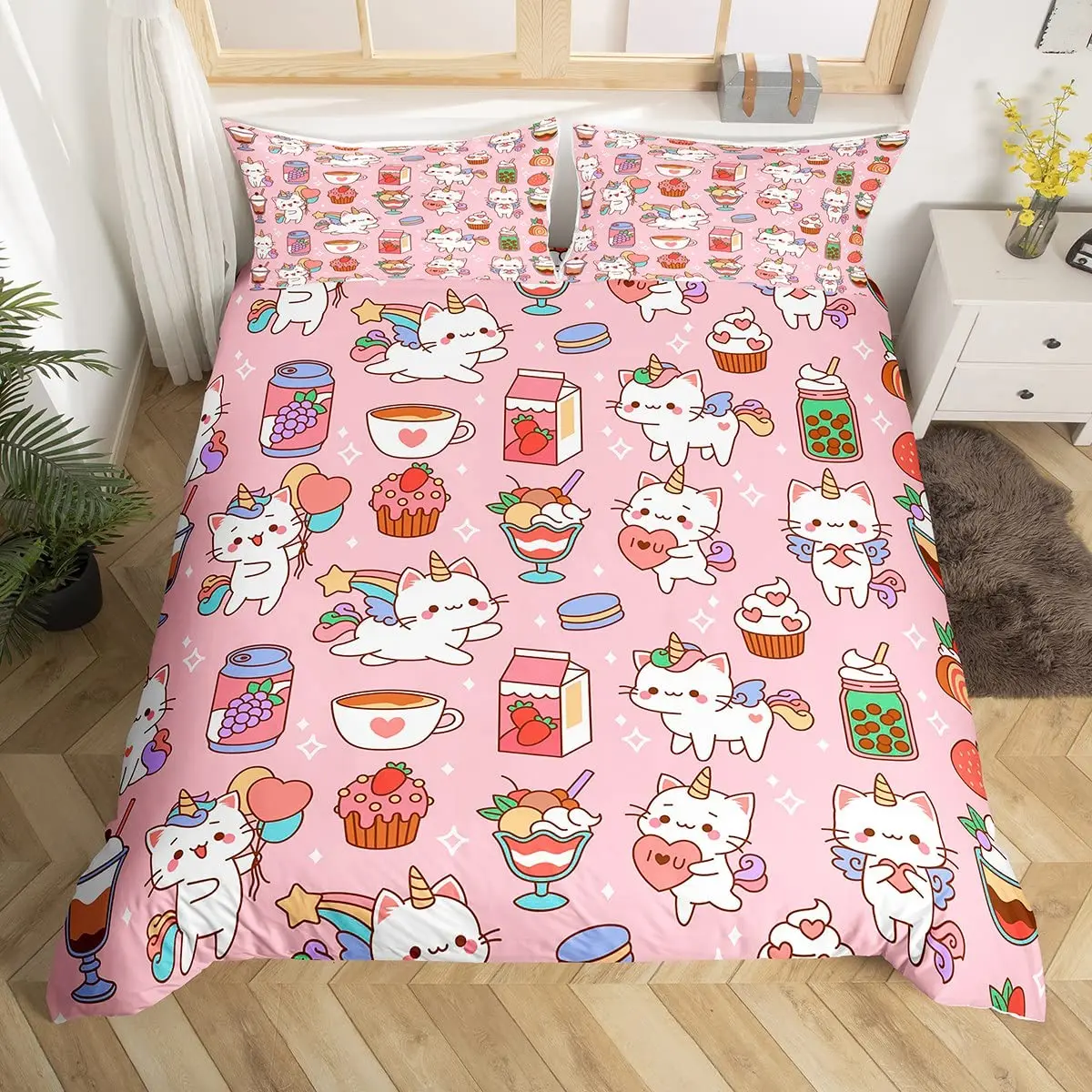 Cartoon Cat Unicorn Duvet Cover Sweet Strawberry Milk Bedding Set Pet Animals Comforter Cover Desserts Cakes Food Quilt Cover