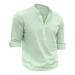 Men's Shirts Henry Collar Soft Casual Spring Clothes Solid Color Long Sleeves Cotton Linen Blouse Beach Style Button Tops