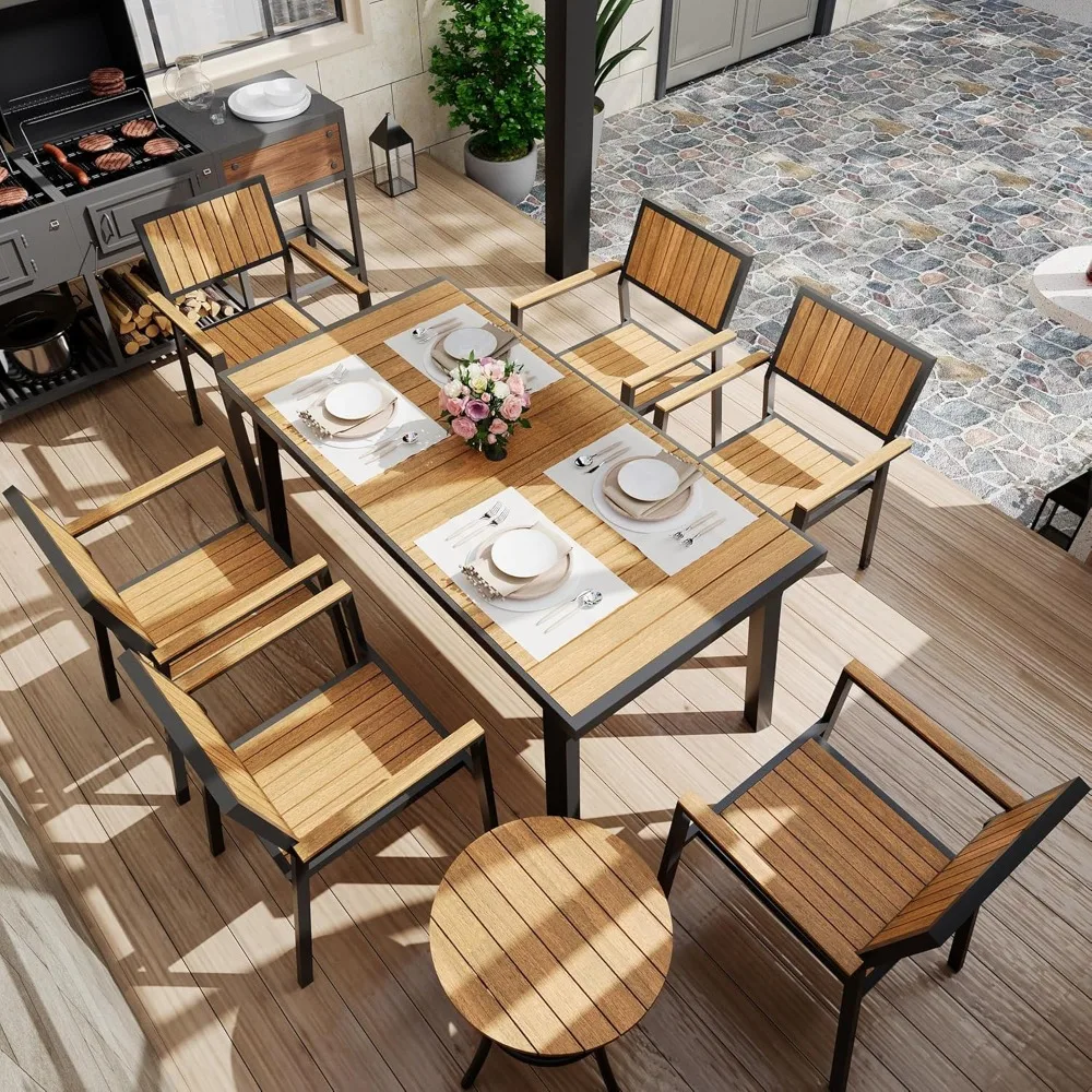 

8-Piece Patio Dining Set，Outdoor Aluminum Furniture Set with Plastic-Wood Table Top,Outdoor Furniture Set with 6 Outdoor Stacka