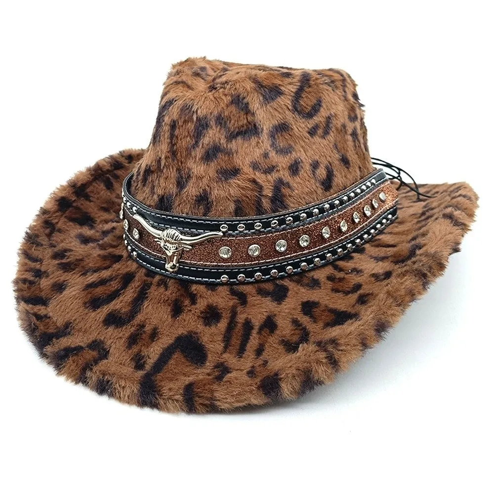 Leopard Print Faux Fur Cowboy Hat Rivet Detail Fluffy Wide Brim Cowboy Cap Windproof Bull Head Decoration