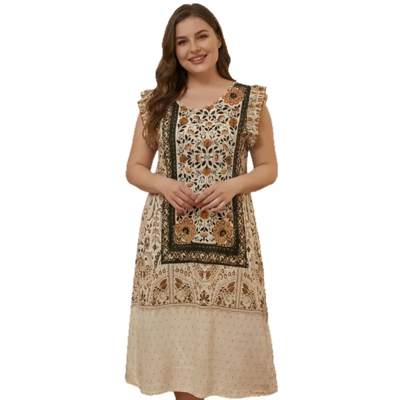 EU US Plus Size Loose Long Nightgown Women Summer Thin Small Flying Sleeve Pajamas Full Print Dress Loungewear Can Worn Outside