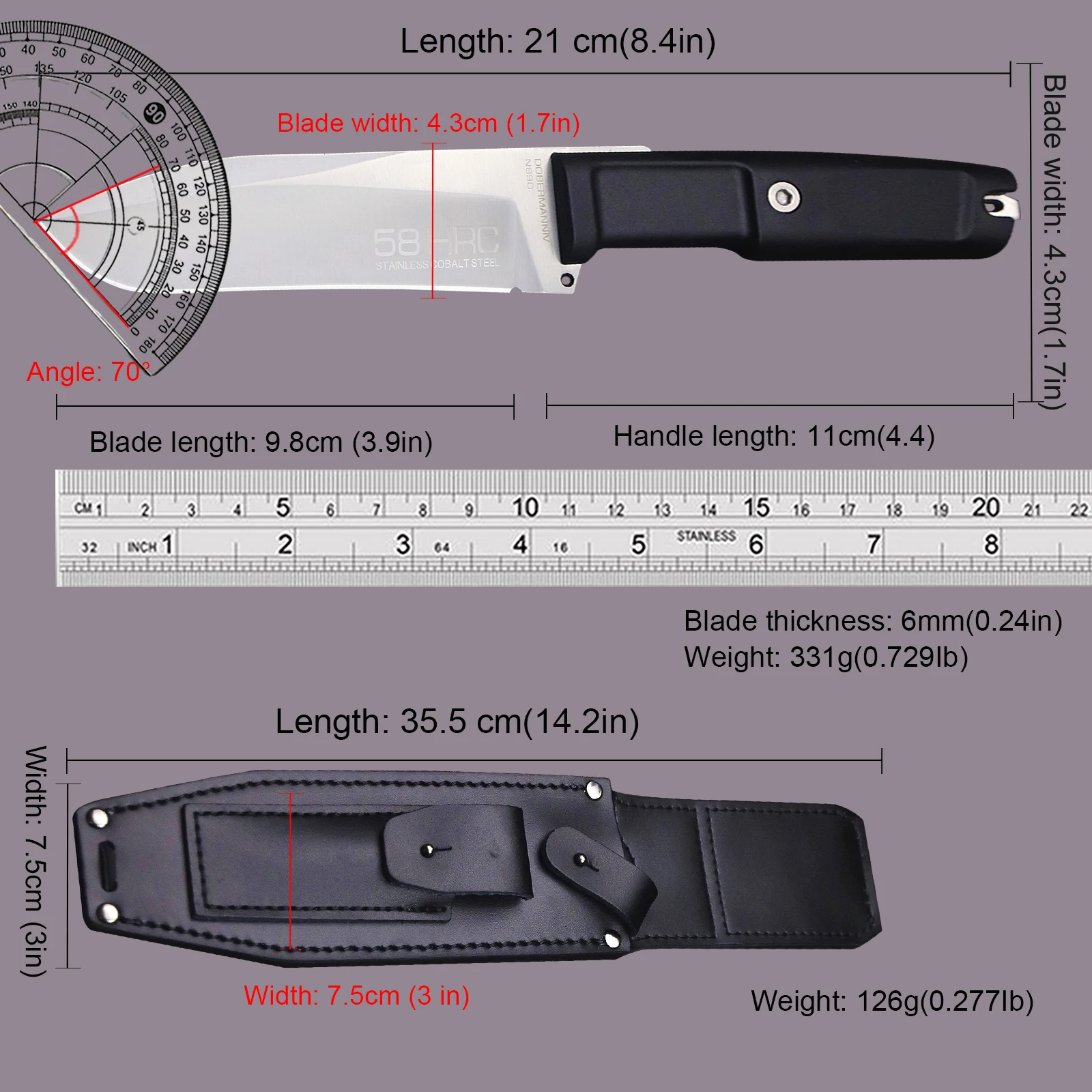 Multi-purpose high-hardness outdoor hunting straight knife + black leather sheath, jungle camping survival knife