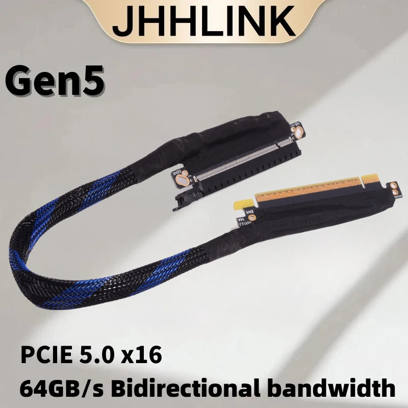 16AB5 PCIE 5.0 X16 Graphics Card Bend Extension Cable GEN5 Braided Mesh Silver-plated Wire GPU Adapter Cable 180 Degree Straight