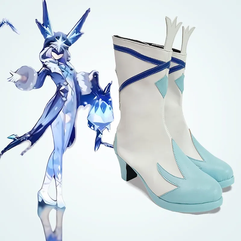 

Anime Game Impact Enemy Fatui Cryo Cicin Mage Short Boots White Blue PU Leather High Heels Boots Cosplay Shoes For Women Girl