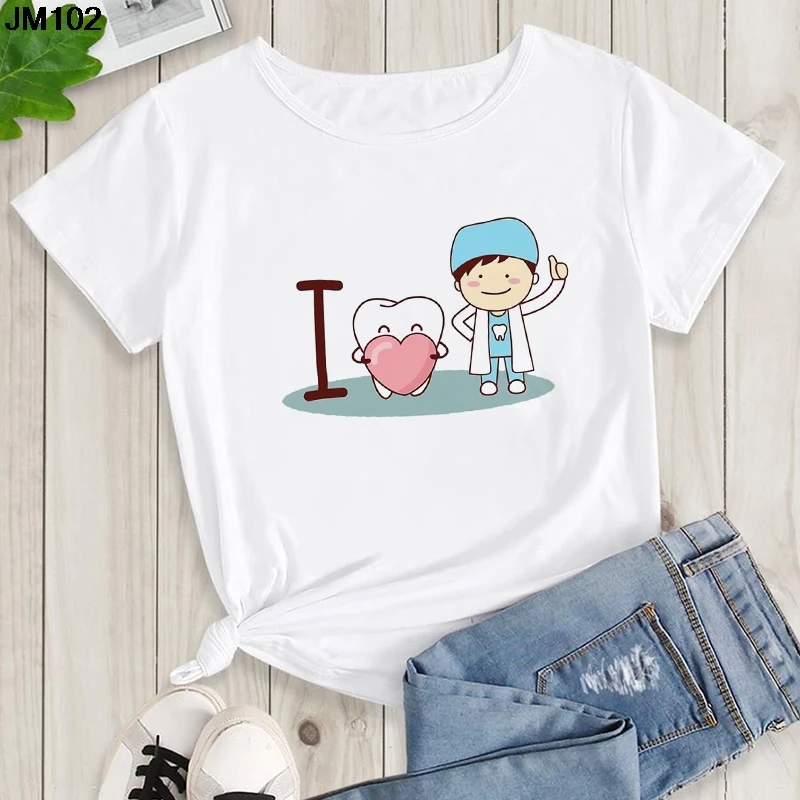 Aesthetic Funny Tooth Dentist Print Female Clothing T-shirt 90s Harajuku Kawaii O-neck Tshirt Summer Fashion Women\'s Top T Shirt