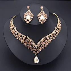 Champagne Colors Bridal Earrings Necklace Set Water Drop Rhinestones Crystal Adjustable Dubai Jewelry Set for Wedding Bride