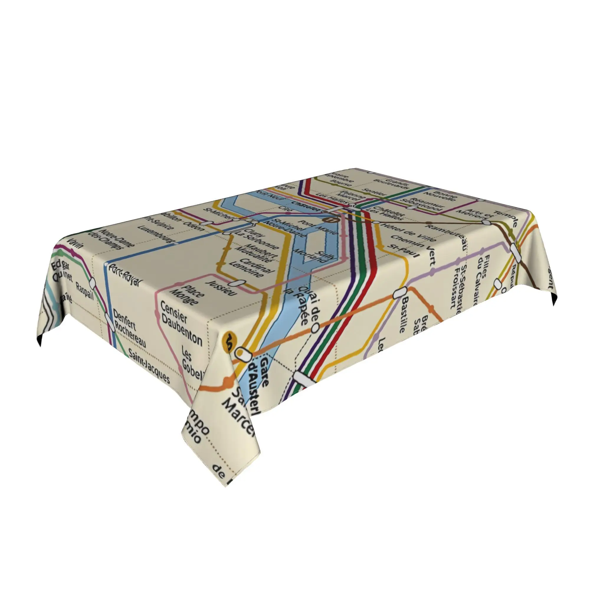 Paris Metro Map Tablecloth, Beige With Colorful Paris Subway Route Print Rectangular Table Cover for Dining Kitchen Home Decor