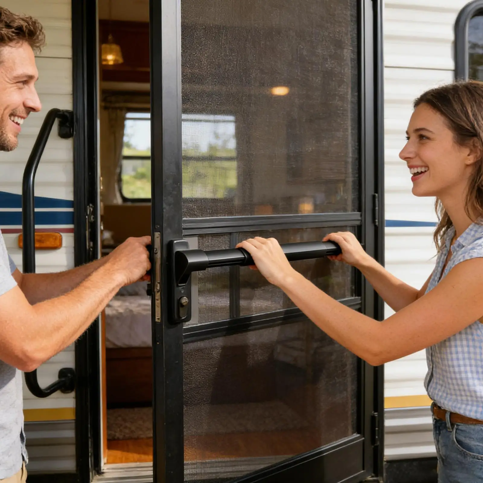 RV Screen Door Handle Grab Bar Adjustable Heavy Duty Push Crossbar Screen Door Push Handle For Trailer Travel Easy Exit Assist