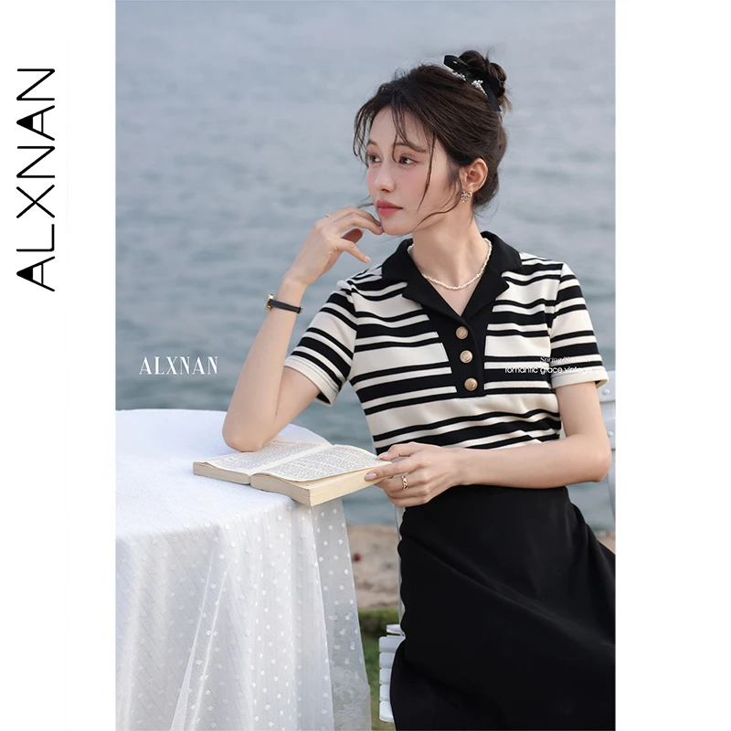 ALXNAN Dames Gestreept T-shirt Polo Kraag Korte mouw Gebreid T-shirt 2025, Zomer Elegant Casual Loose-fit Tops Dames L55333