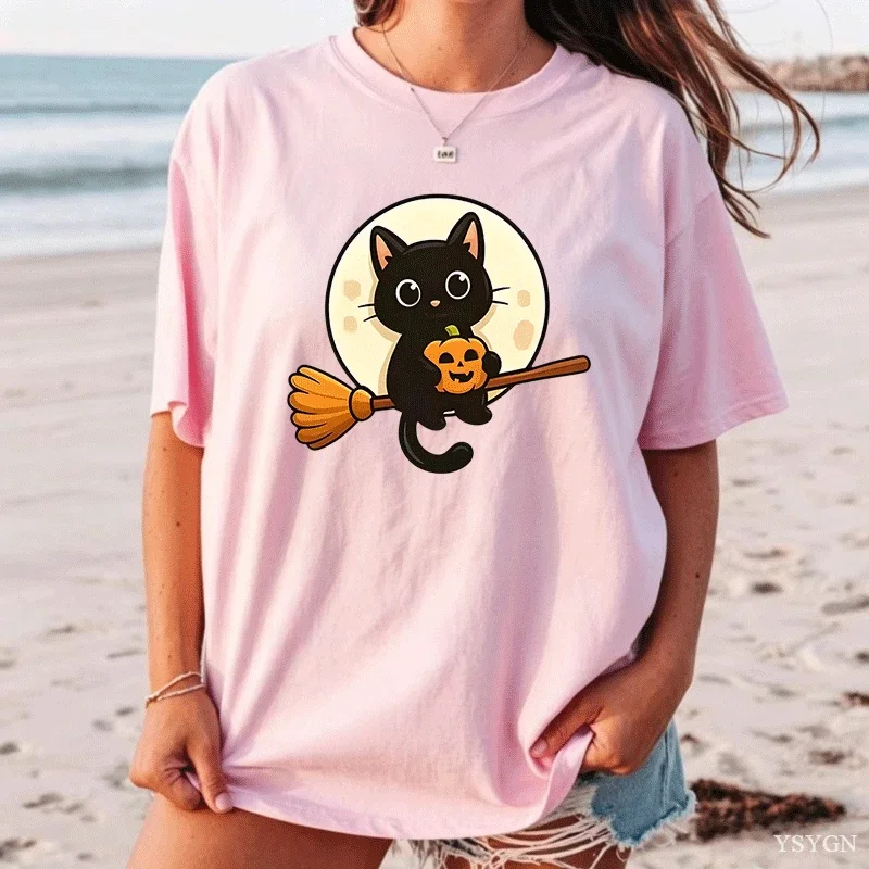 Halloween Black Cat Witch Hat Womens Crew Neck Short Sleeve T Shirt Spooky Moon Star Night Graphic Tees for Ladies Daily Wear