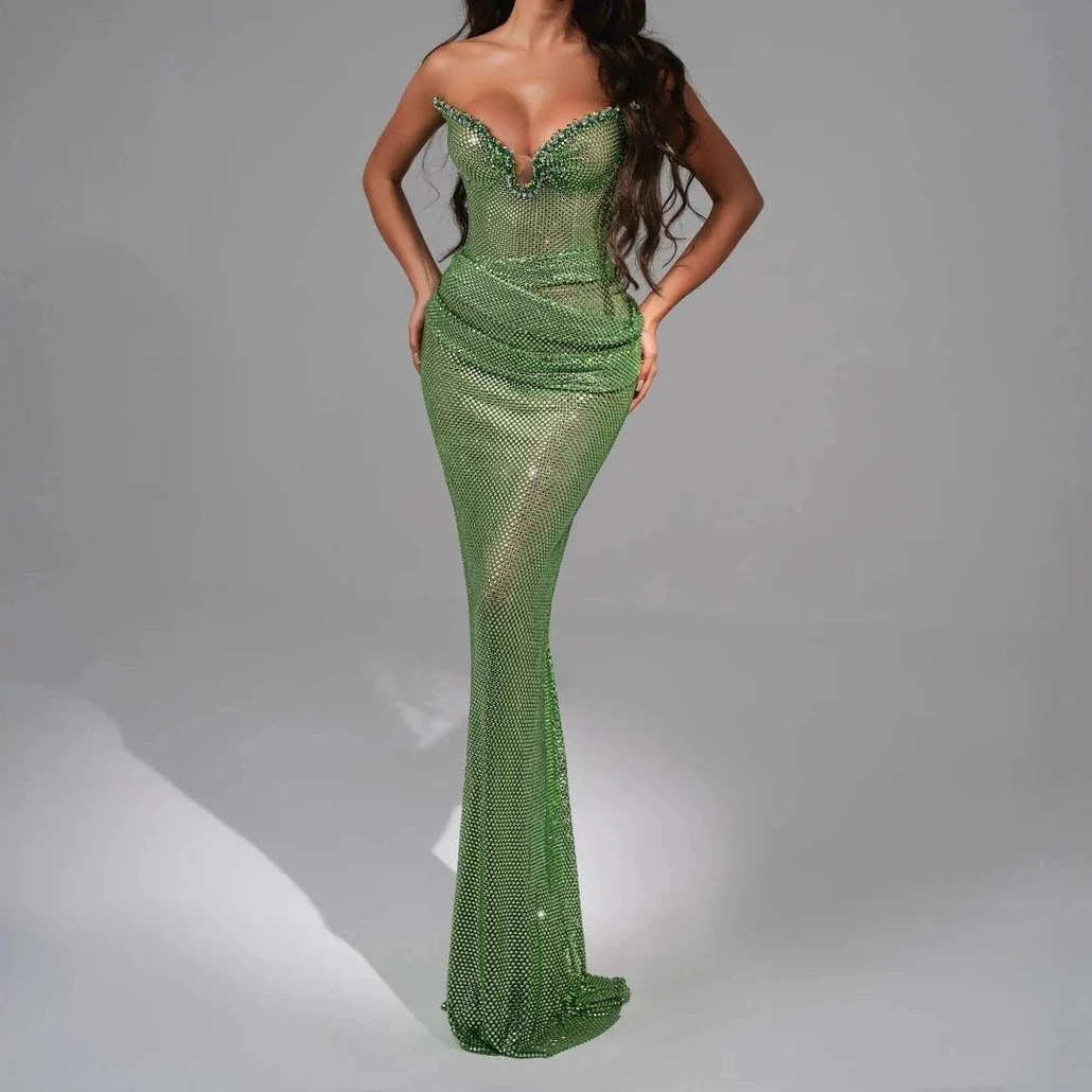 

Bandage-cut mesh dress for women, deep V sequined high-slit fishtail backless evening gown-GZXX798